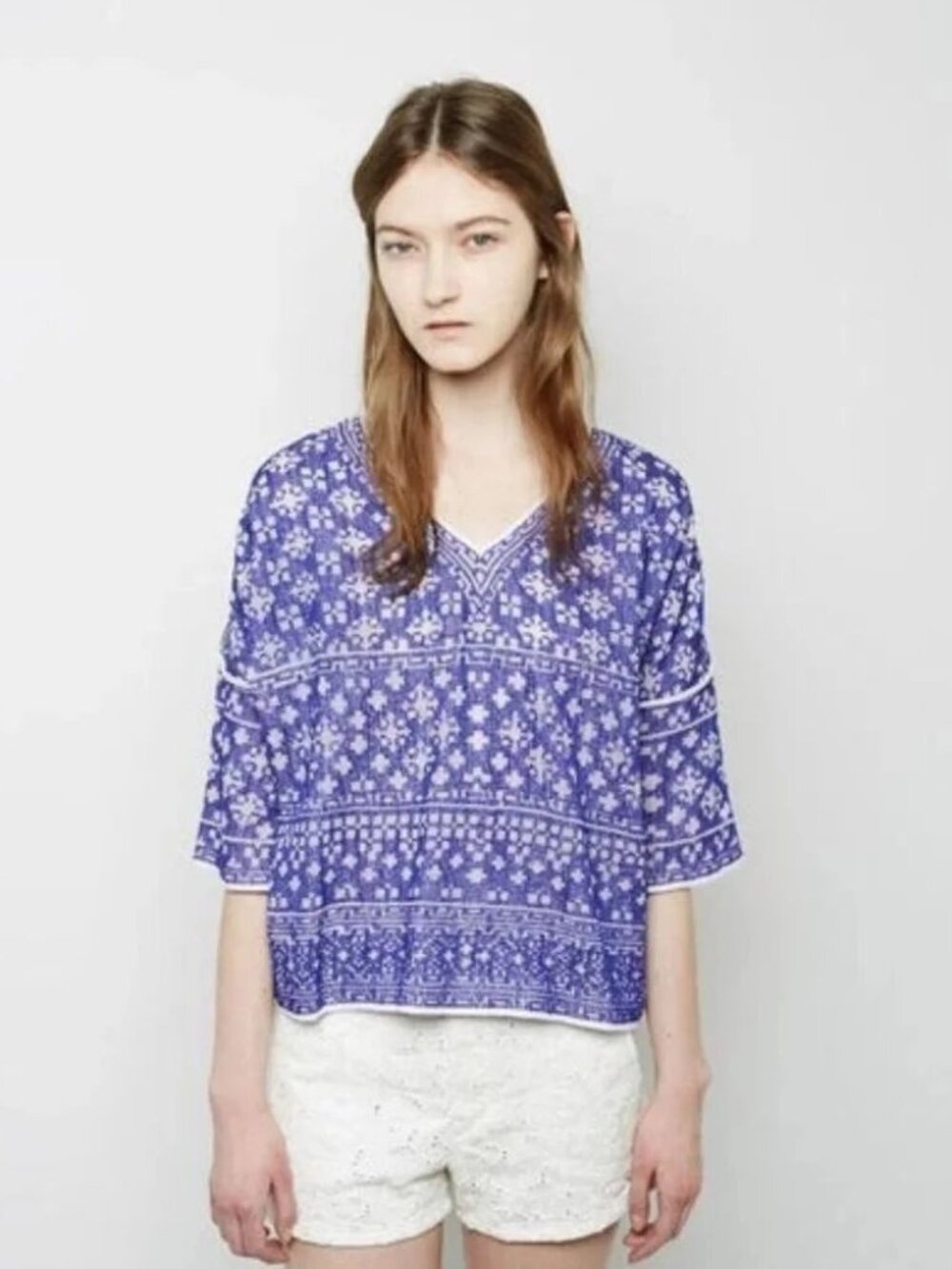 Isabel Marant Etoile Women's Blue White Bela Cotton Embroidered Tunic Top Sz S